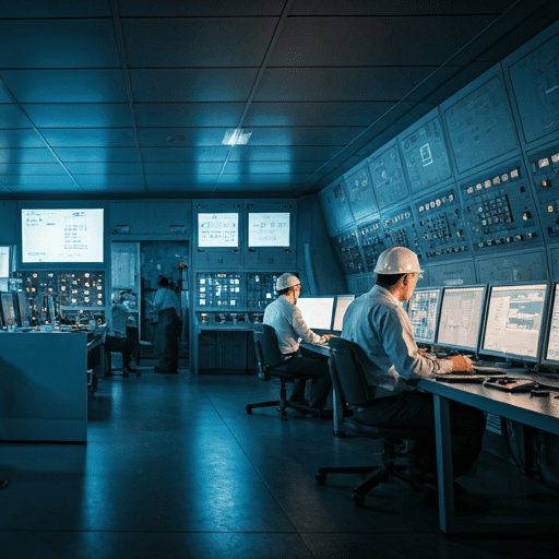 Real-world industrial control room with engineers
